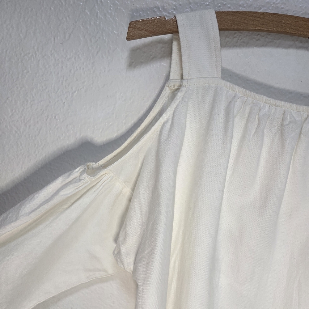 Madewell Top Blouse XS Women's Indigo Cold Shoulder 3/4 Sleeve White 100% Cotton - Picture 3 of 15